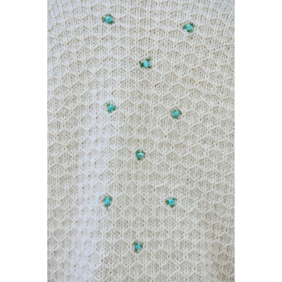 50s WOOL Floral Embroidered Cardigan GORGEOUs Little Bue Flowers Chunky XS - S - Picture 2 of 10